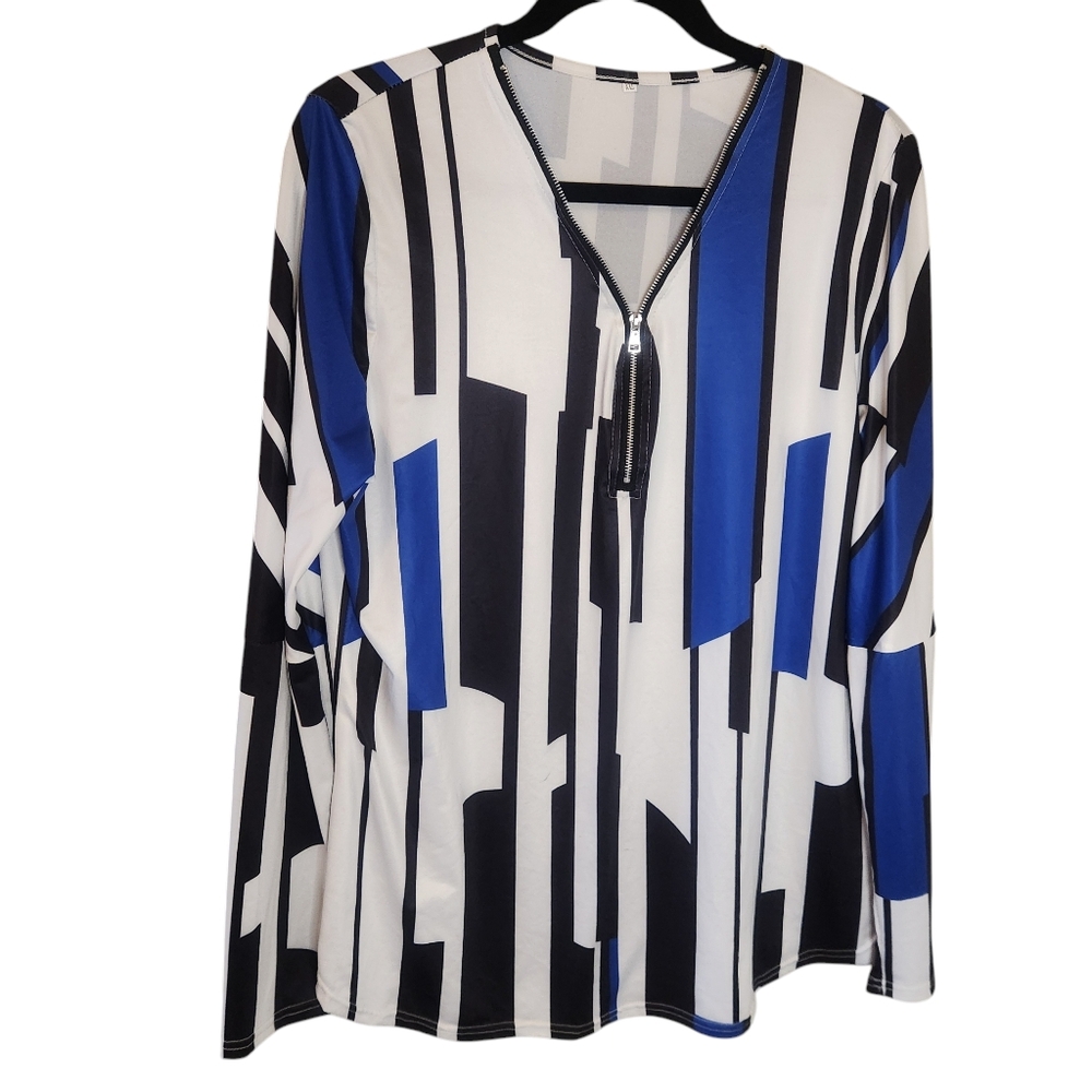 Blue, black, and white striped long sleeved blouse. Size XXL.